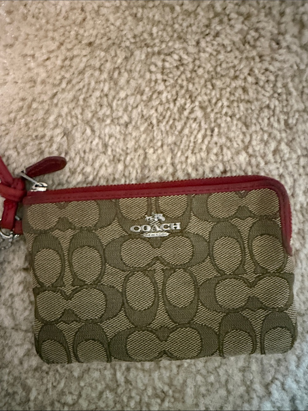Coach Khaki Signature Canvas Wristlet with Red Trim
